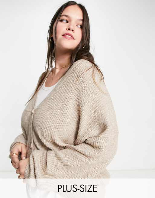 Only Curve ribbed knit button down cardigan in beige ASOS