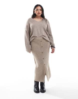 Only Curve ONLY Curve ribbed midi skirt co-ord in beige-Neutral