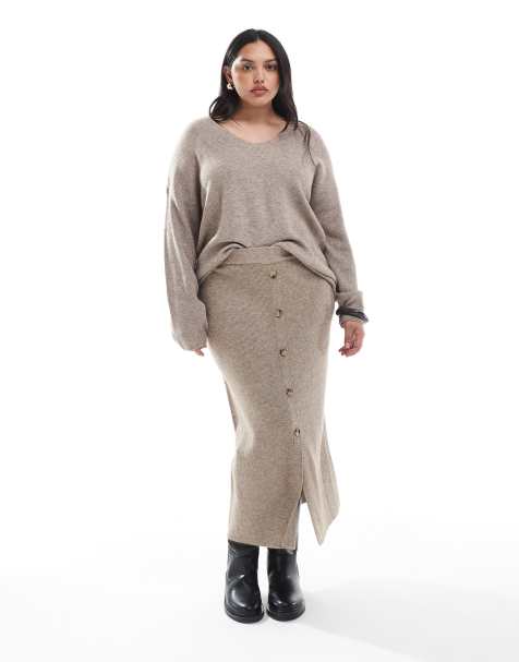 ONLY Curve ribbed midi skirt co-ord in beige - view 1