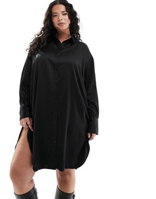 Only Curve satin mini shirt dress in black - ASOS Price Checker