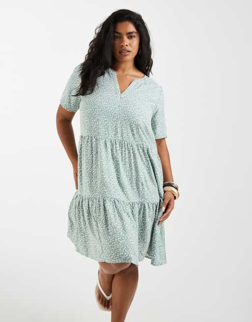 Only Curve - Robe courte à volants étagés - Vert fleuri