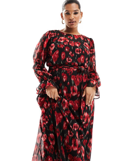 Only Curve Robe longue ceinture motif coquelicot Noir et rouge