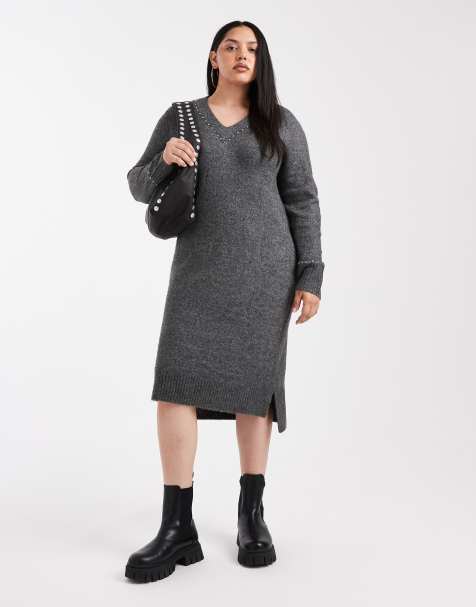 ONLY Curve - Robe mi-longue en maille avec clous - Gris - view 1