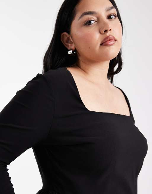 ONLY Curve - Robe patineuse courte à manches longues et encolure carrée - Noir, 3 de 4