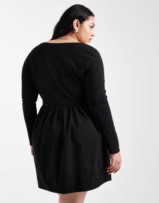 ONLY Curve - Robe patineuse courte à manches longues et encolure carrée - Noir, 4 de 4