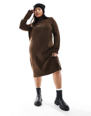 roll neck knitted dress in brown-Gray