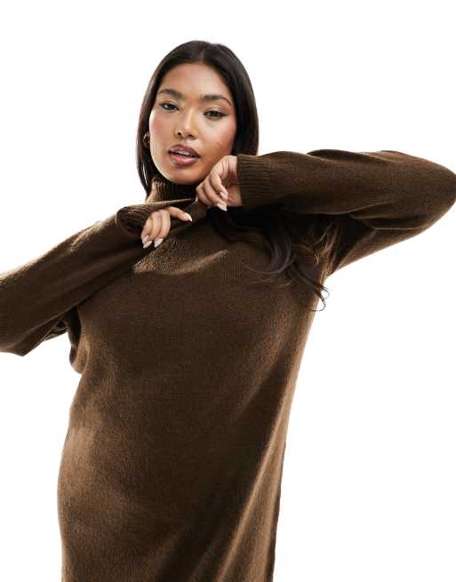 ONLY Curve roll neck knitted dress in brown , 2 of 4