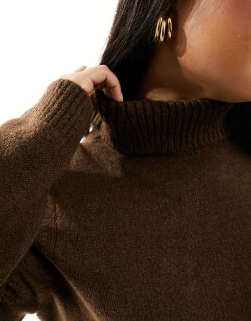 ONLY Curve roll neck knitted dress in brown , 3 of 4
