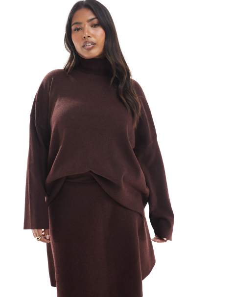 ONLY Curve roll neck knitted jumper co-ord in burgundy - view 1