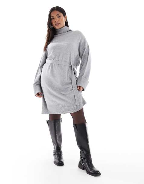ONLY Curve roll neck knitted jumper dress with tie waist in light grey - view 1