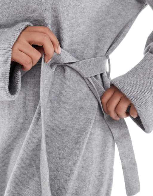ONLY Curve roll neck knitted jumper dress with tie waist in light grey, 2 of 4