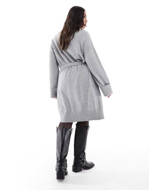 ONLY Curve roll neck knitted jumper dress with tie waist in light grey, 3 of 4