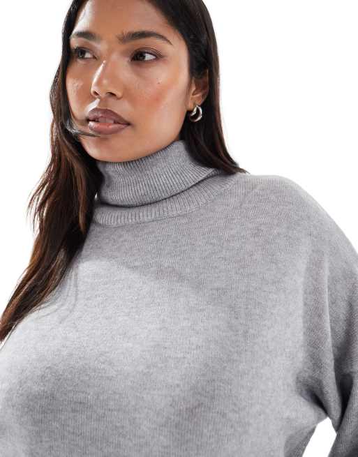 ONLY Curve roll neck knitted jumper dress with tie waist in light grey, 4 of 4