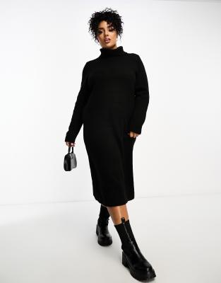 roll neck midi sweater dress in black