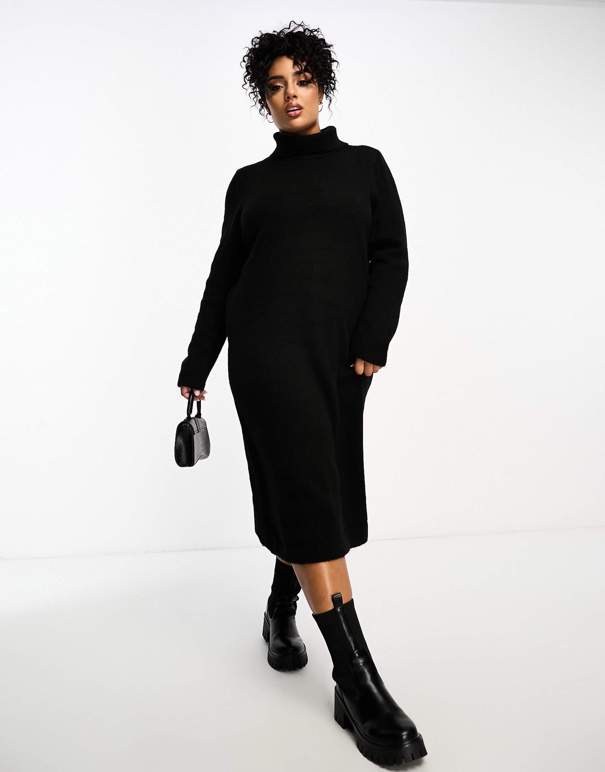 only curve roll neck midi sweater dress in black