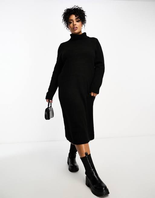 Only Curve roll neck midi sweater dress in black