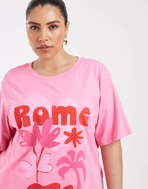 ONLY Curve Rome graphic oversized fit T-shirt in pink - view 1