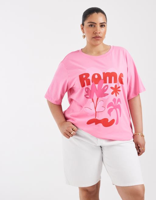ONLY Curve Rome graphic oversized fit T-shirt in pink, 3 of 4
