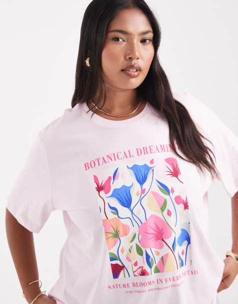 ONLY Curve – Rosa t-shirt i boyfriendstil med växttryck - view 1