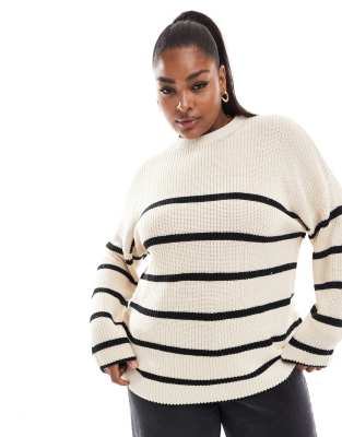 ONLY Curve round neck stripe jumper in stone-Neutral
