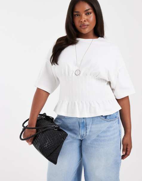 ONLY Curve ruched cinched waist top in white - view 1