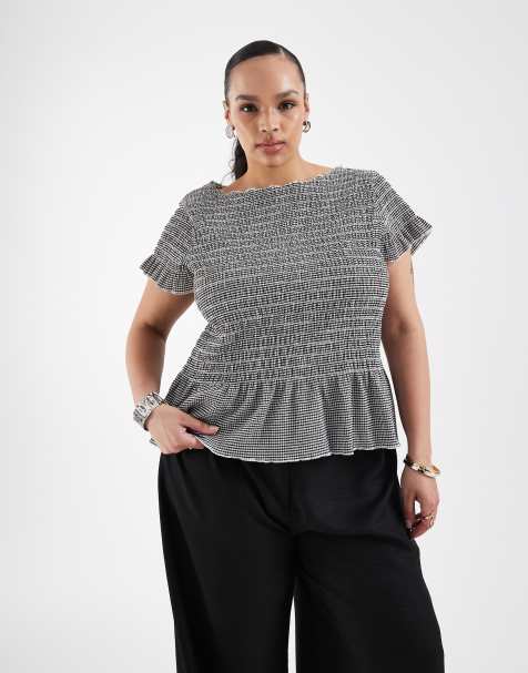 ONLY Curve ruched detail boat neck top in black gingham - view 1