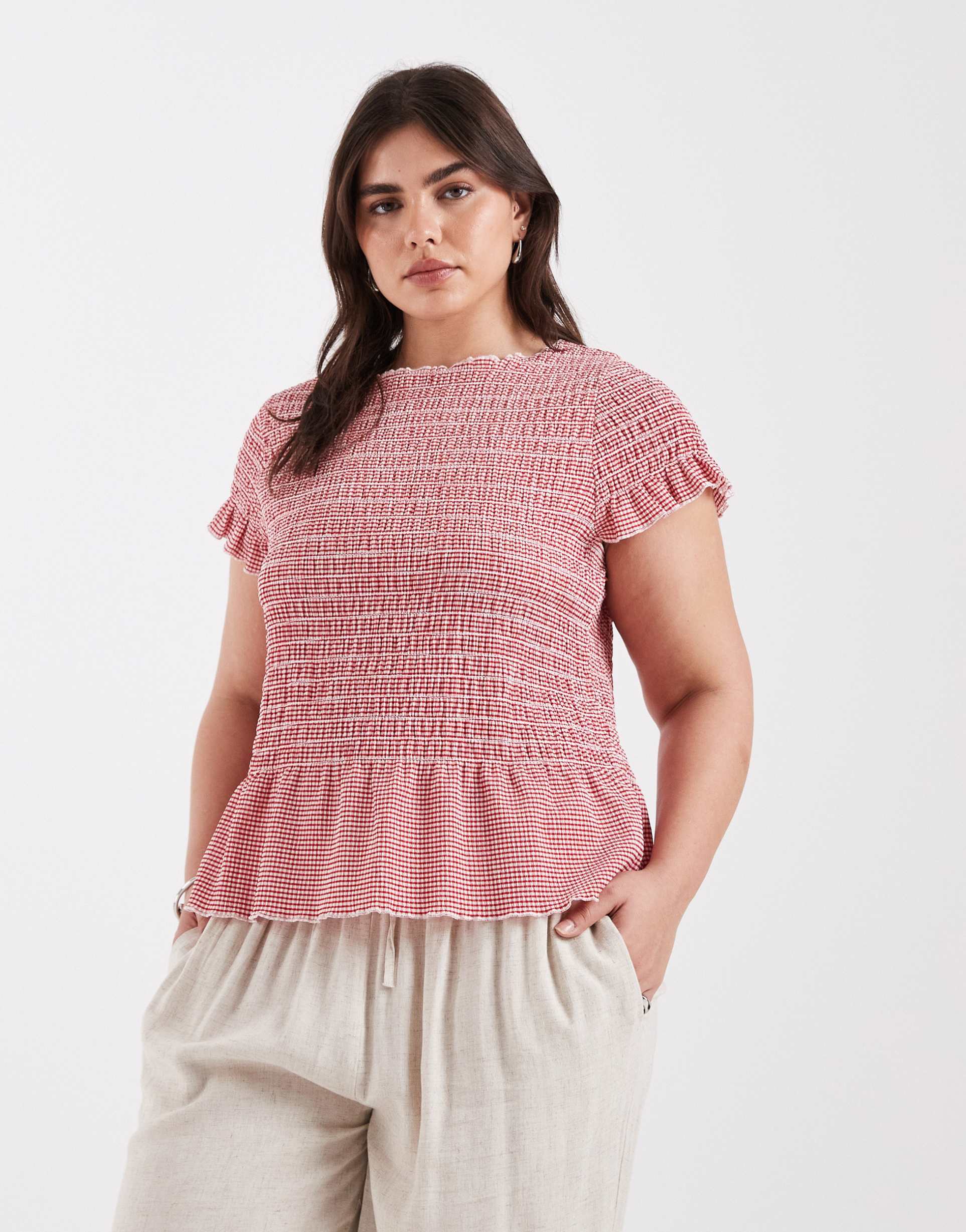 only curve ruched detail boatneck top in red gingham