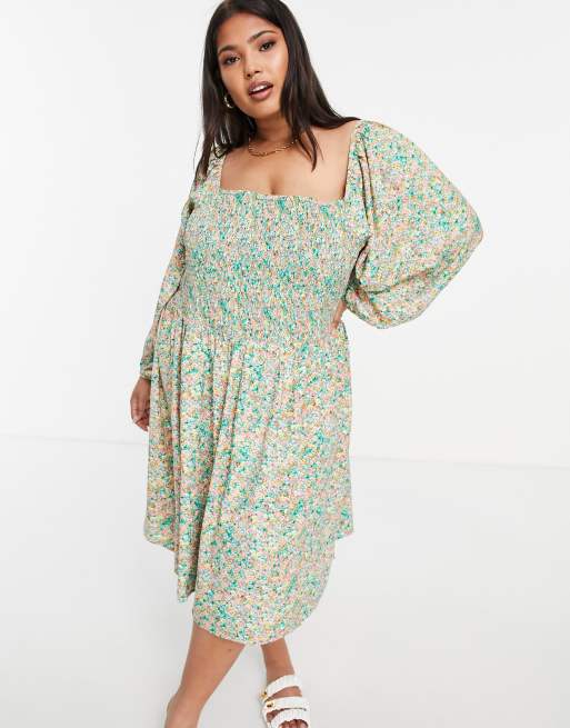 Only Curve - Rynket smock-midikjole med voluminøse ærmer i grønt blomstermønster, 4 af 4