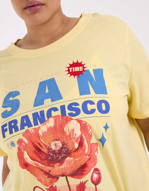 ONLY Curve San Francisco print t-shirt in pastel yellow, 4 of 4
