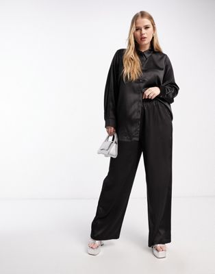 Only Curve satin trouser co-ord in black
