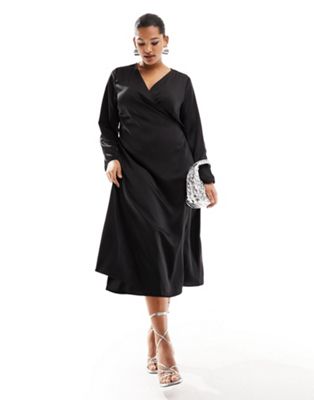 Only Curve satin wrap midi dress in black | ASOS