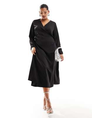 satin wrap midi dress in black