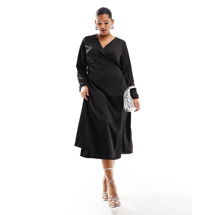 Only Curve satin wrap midi dress in black