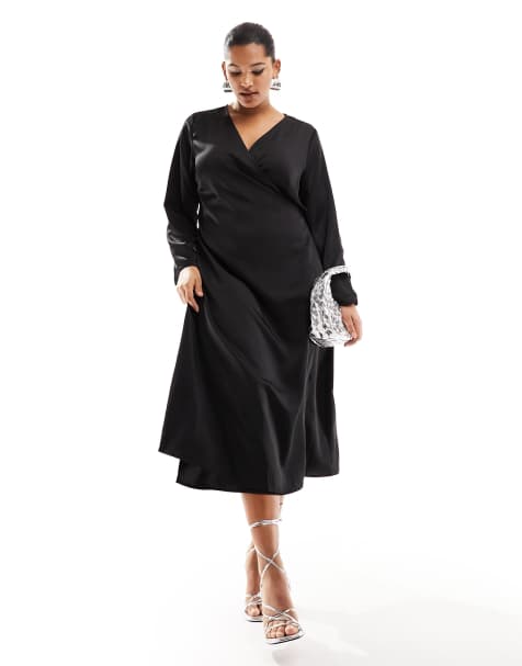 ONLY Curve satin wrap midi dress in black 