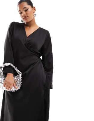 Only Curve satin wrap midi dress in black