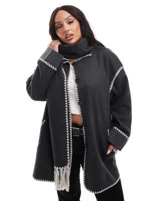 ONLY Curve scallop edge scarf coat in dark grey