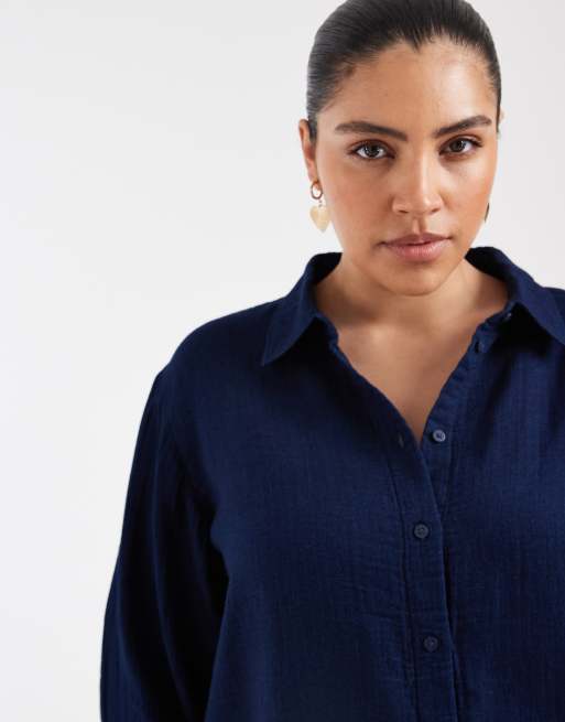ONLY Curve seersucker shirt in dark blue (Part of a set), 4 of 4
