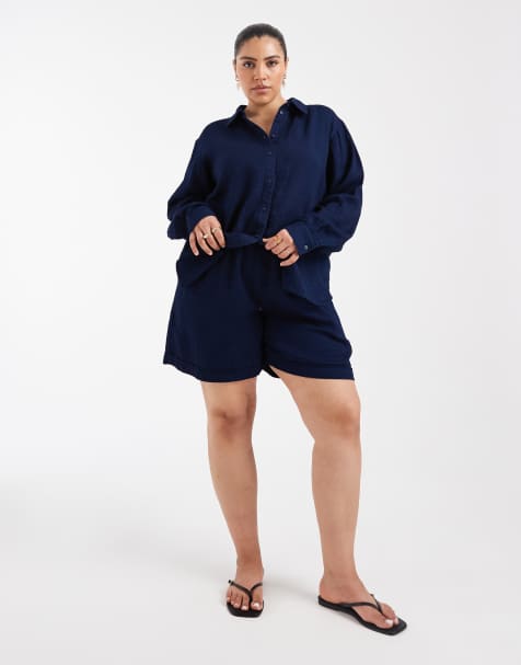 ONLY Curve – Seersucker-Shorts in Dunkelblau, Kombiteil - view 1