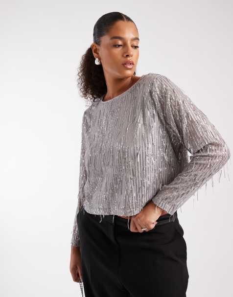 ONLY Curve sequin detail crop top in silver