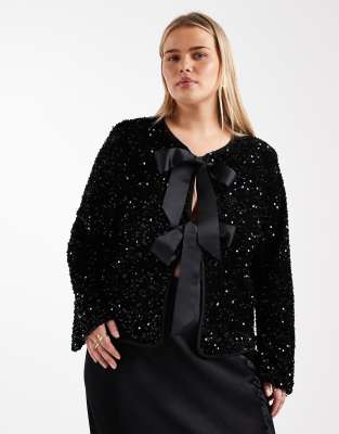 Only Curve Sequin Velvet Tie Front Top In Black