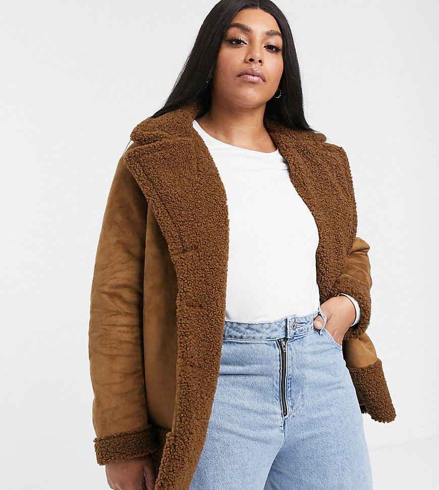 Only Curve shearling jacket with borg trims in brown