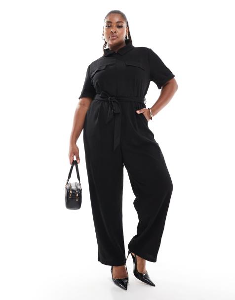 ONLY Curve short sleeve belted jumpsuit in black - view 1