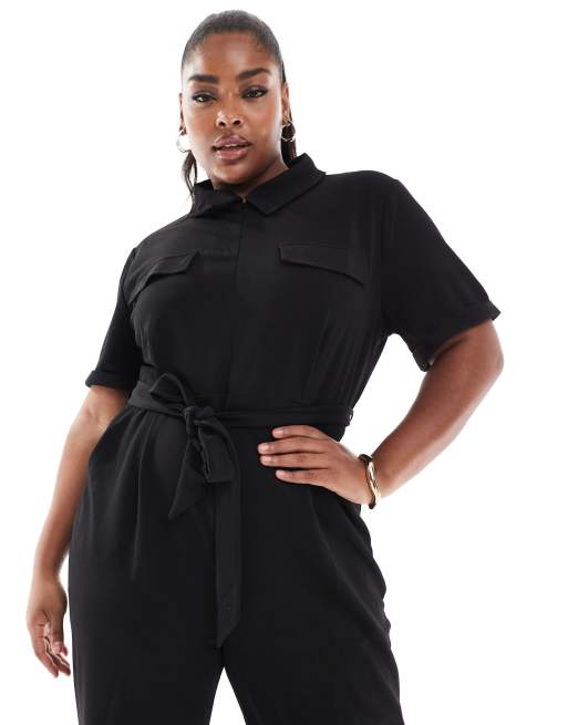 ONLY Curve short sleeve belted jumpsuit in black