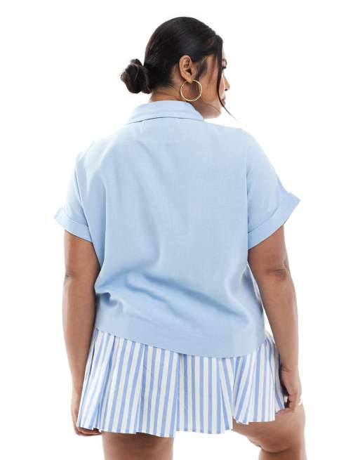ONLY Curve short sleeve boxy shirt in light blue, 4 of 4