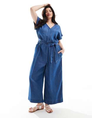 Only Curve Short Sleeve Denim Jumpsuit In Mid Wash-blue