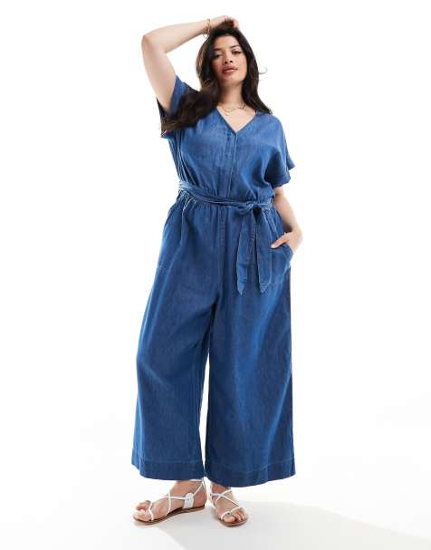 ONLY Curve short sleeve denim jumpsuit in mid wash  - view 1