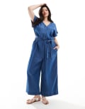[Only Curve] ONLY Curve short sleeve denim jumpsuit in mid wash-Blue 46 Mid blue