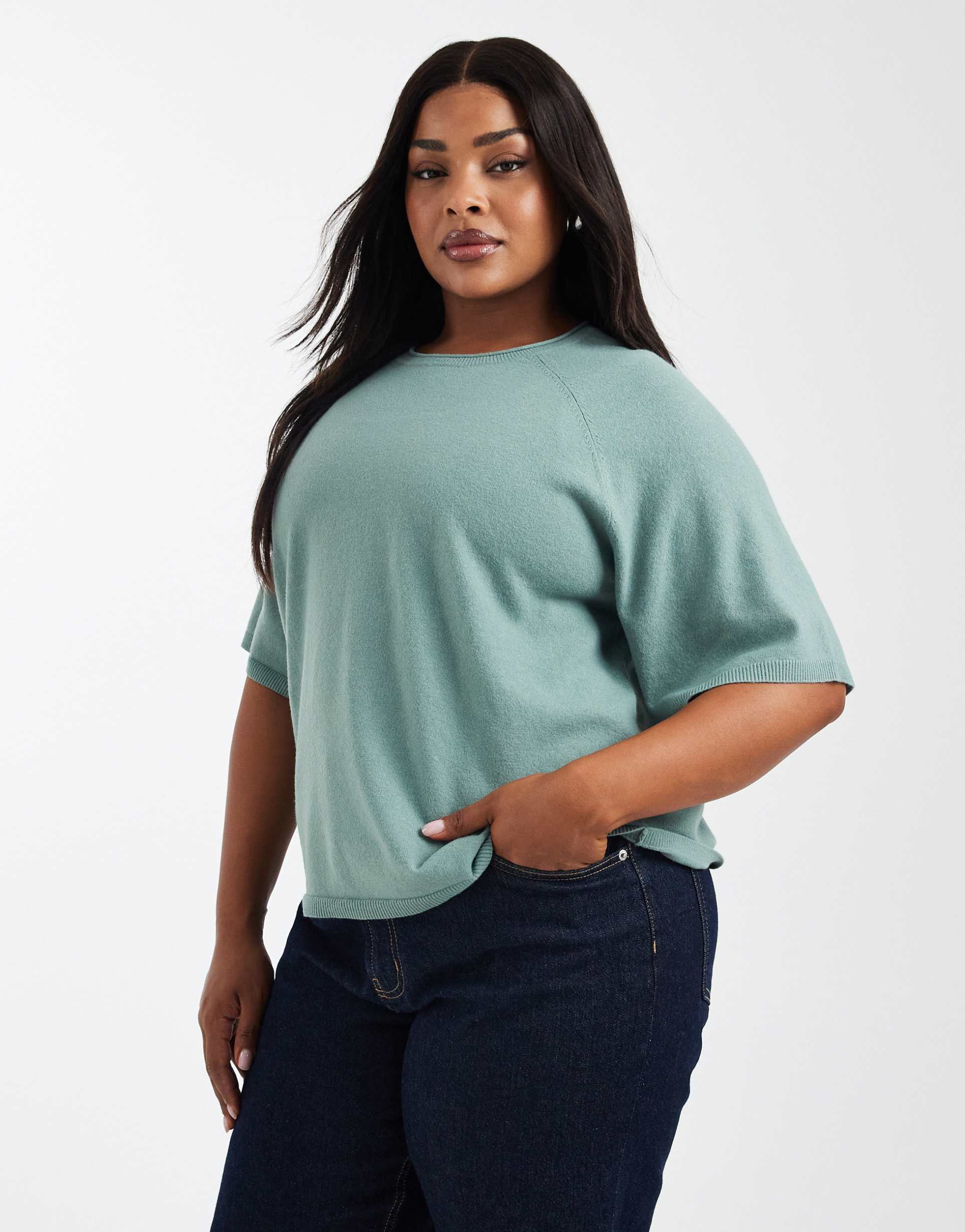 only curve short sleeve knit sweater in light green