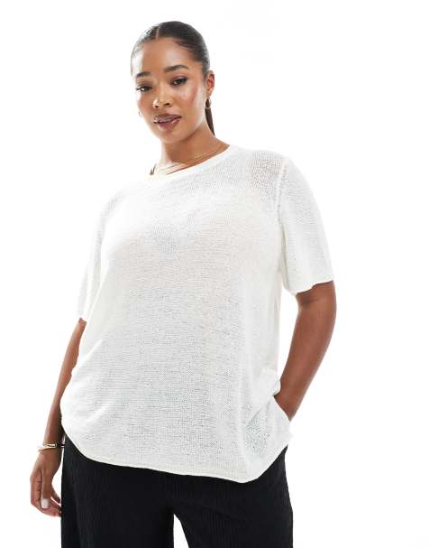 ONLY Curve short sleeve knitted top in cream - view 1
