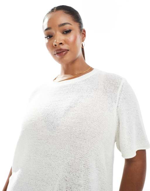 ONLY Curve short sleeve knitted top in cream, 3 of 4